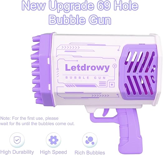 Bubble Blaster Machine Gun for Kids - 69 Hole Rocket Bubble Blower with 700ml Bubble Refill Solution - Purple Bubble Maker Gifts for Valentine,Wedding,Party