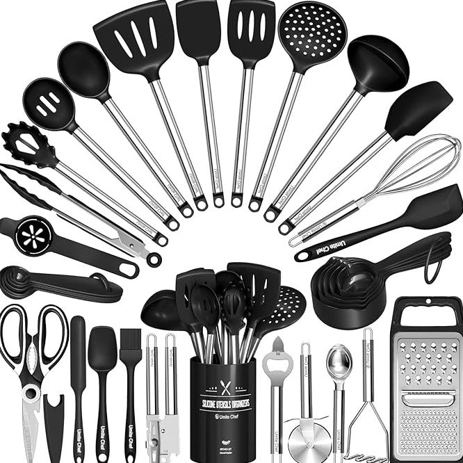 Kitchen Utensils Set-Umite Chef 34 Pcs Silicone Cooking Utensils Set for Nonstick Cookware-Silicone Spatulas Set, Stainless Steel Handle-Black Kitchen Gadgets Tools, Pots and Pans Accessories
